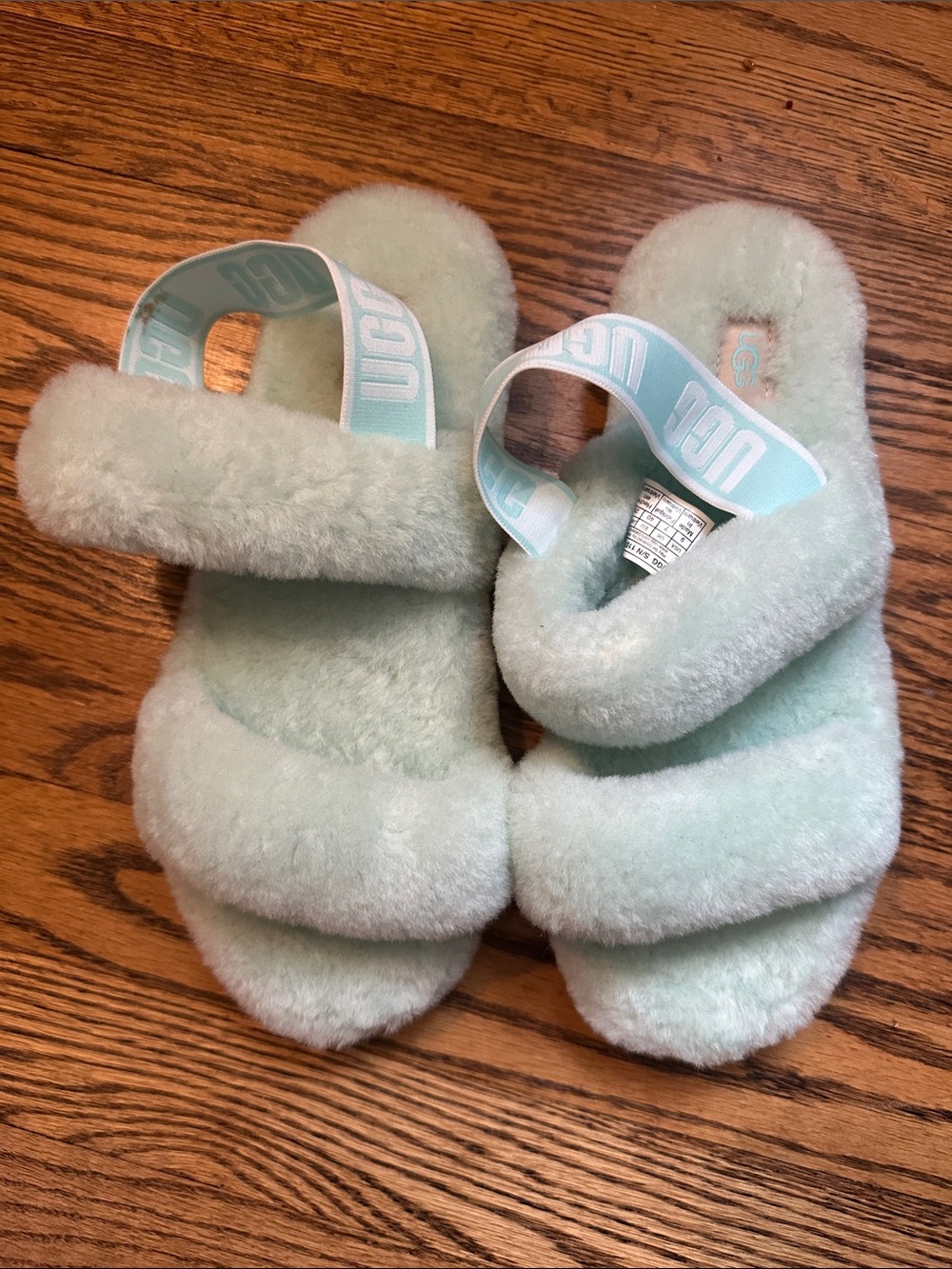 UGG Pale Mint Fluffy Slide Sandals with Branded Elastic Strap